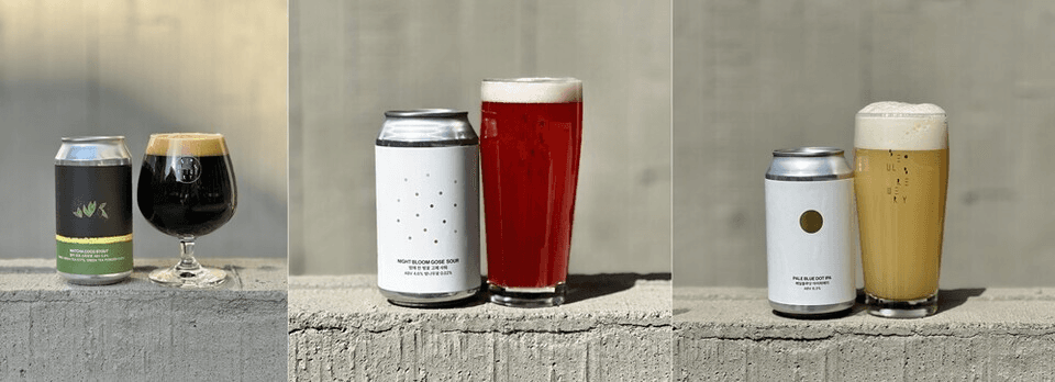 (From left) Matcha Coco Stout, Night Bloom Gose Sour, Pale Blue Dot | Photo by Seoul Brewery